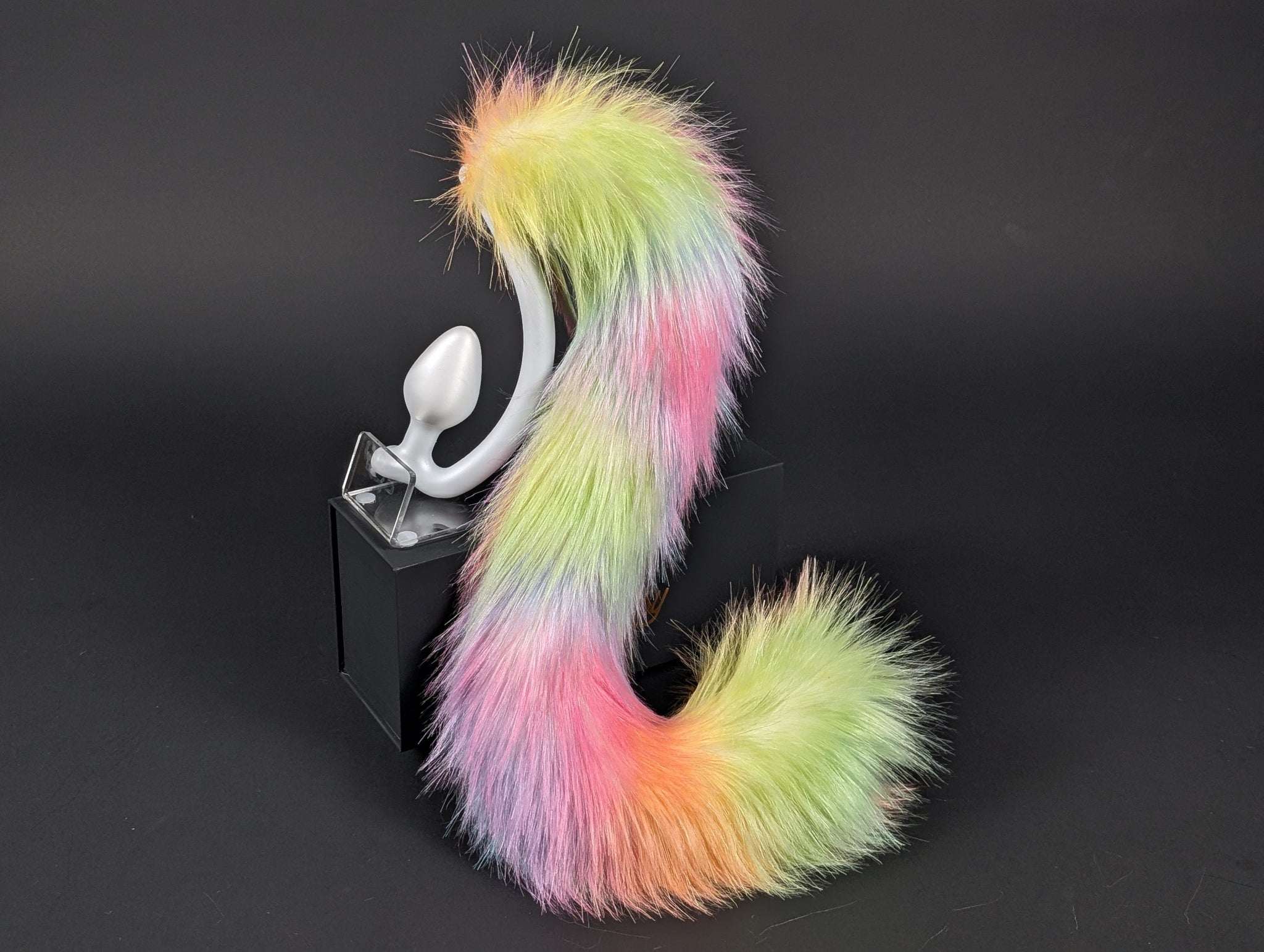 rainbow-cat-tail cat tail butt plug with realistic faux fur tail and raised tail design