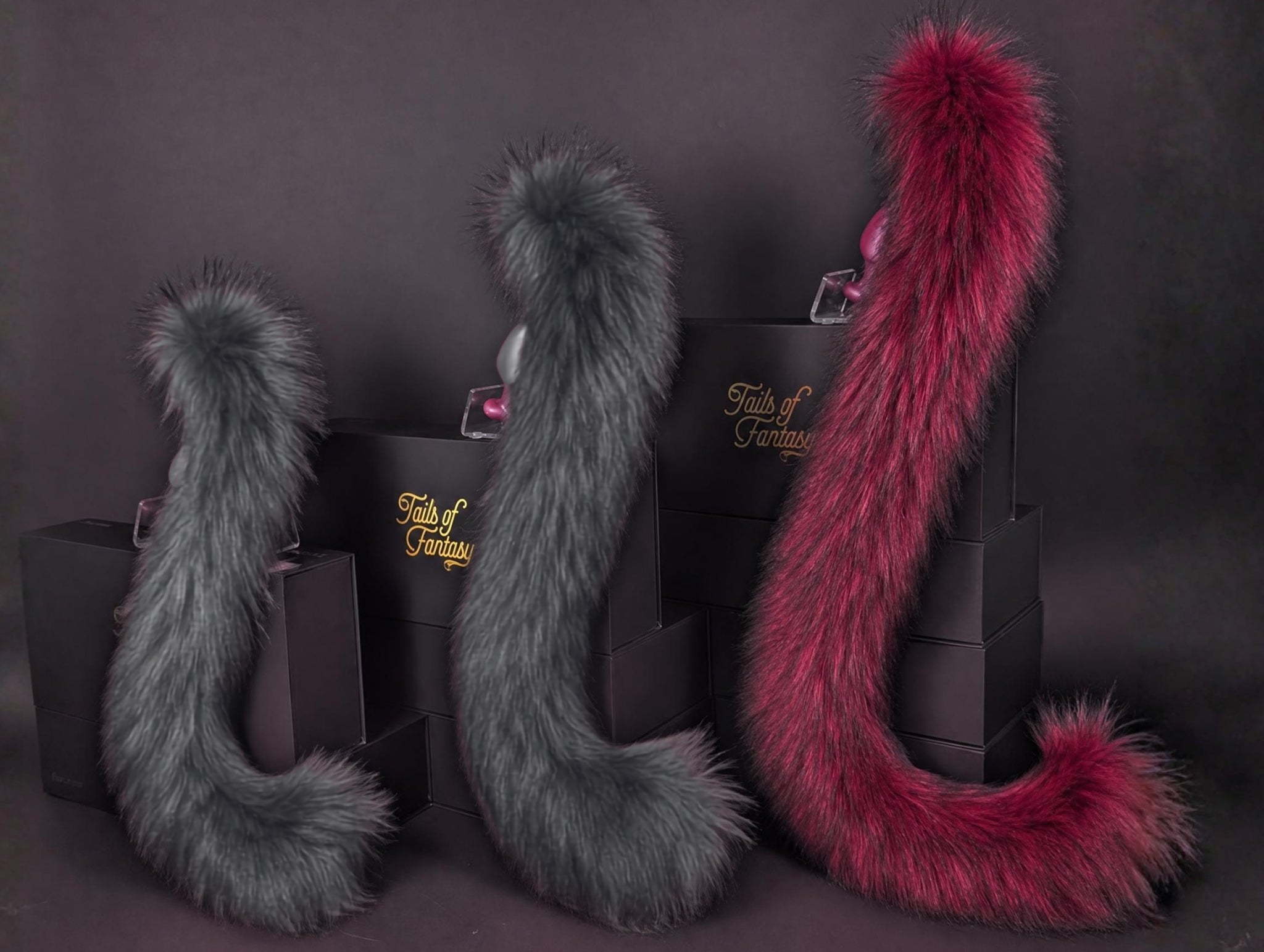 Tails of Fantasy Dark Fuchsia Cat Tail body-safe silicone butt plug featuring a unique upright support design - (large plug) studio display of the Dark Fuchsia Cat Tail.