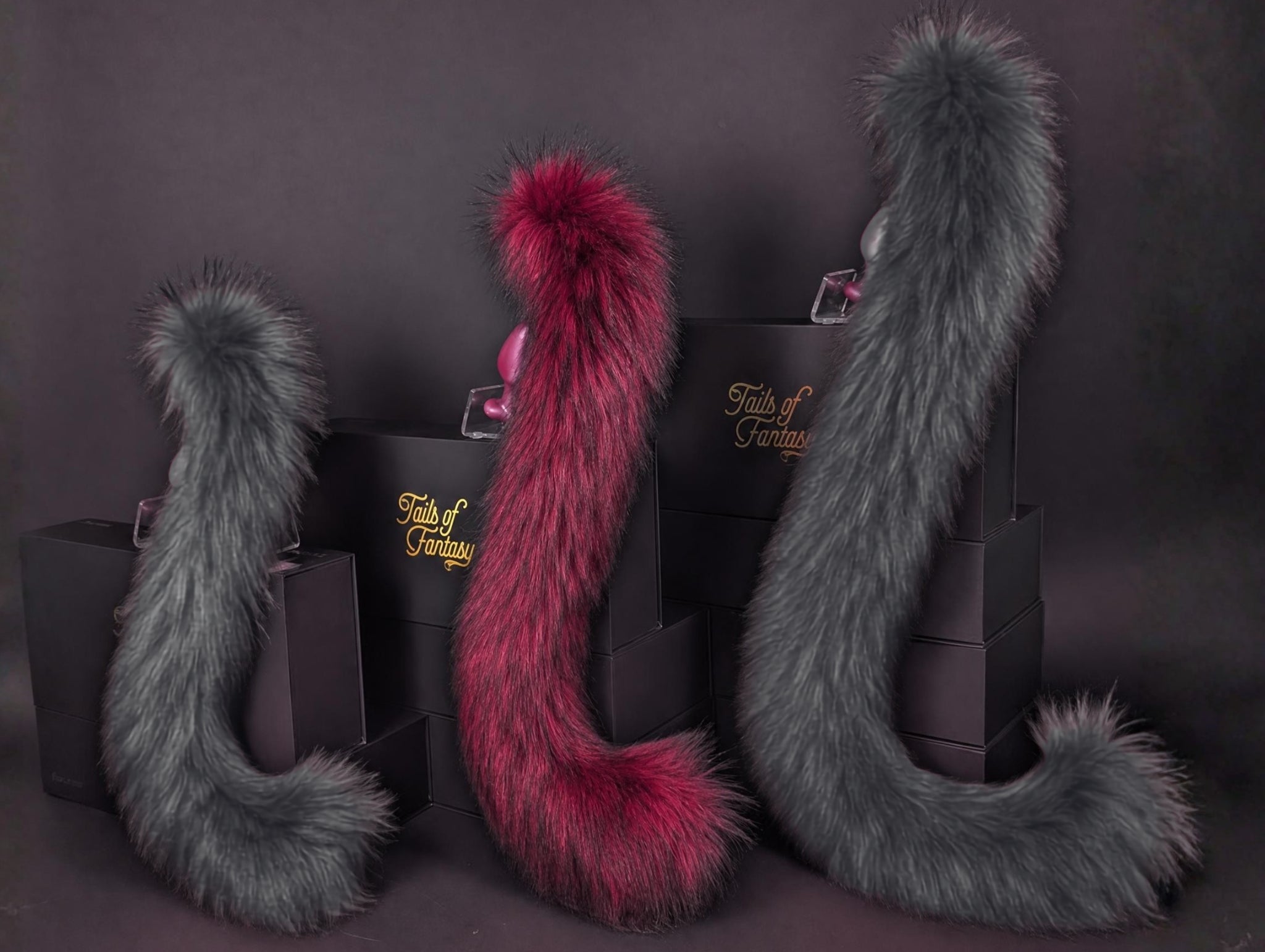 Tails of Fantasy Dark Fuchsia Cat Tail body-safe silicone butt plug featuring a unique upright support design - (medium plug) studio display of the Dark Fuchsia Cat Tail.