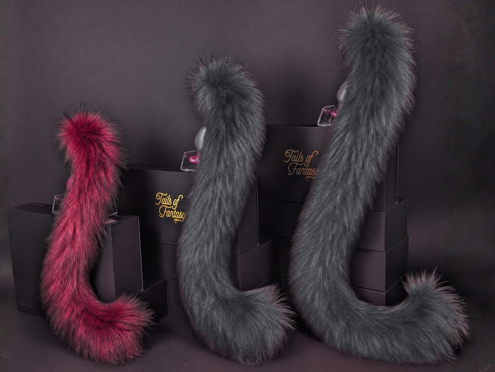 Tails of Fantasy Dark Fuchsia Cat Tail body-safe silicone butt plug featuring a unique upright support design - (small plug) studio display of the Dark Fuchsia Cat Tail.