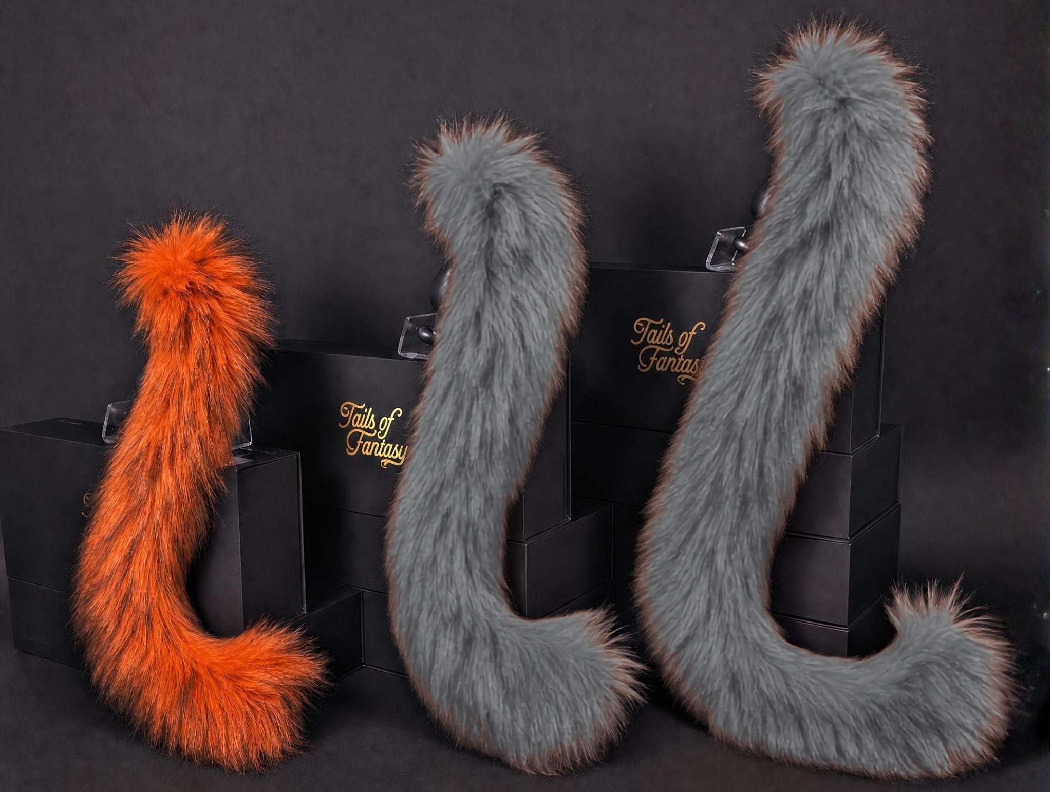 Tails of Fantasy Ember Cat Tail body-safe silicone butt plug featuring a unique upright support design - (small plug) studio display of the Ember Cat Tail.