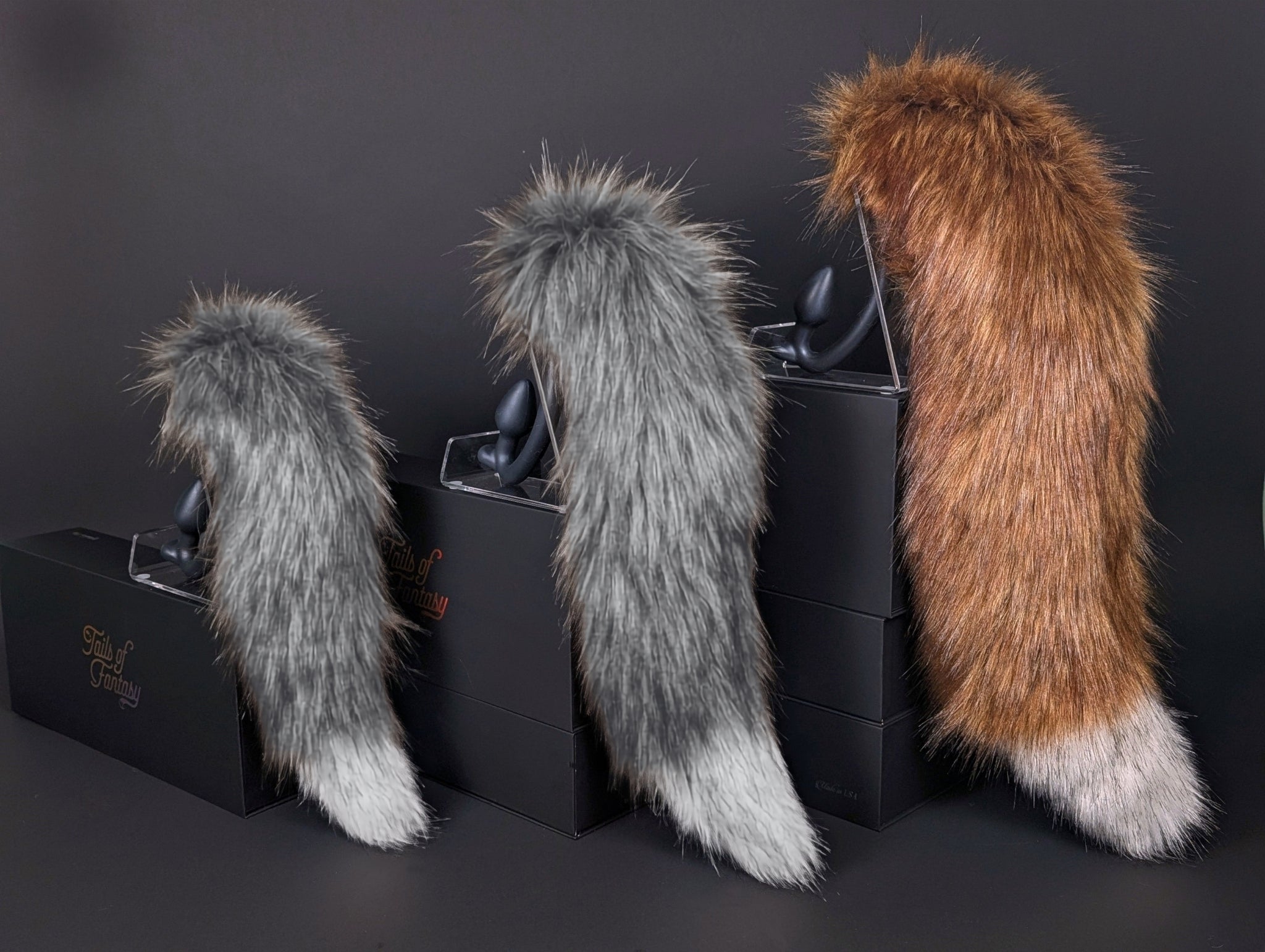Tails of Fantasy Toxic Fox Tail body-safe silicone butt plug featuring a unique upright support design - (large plug) studio display of the Toxic Fox Tail.