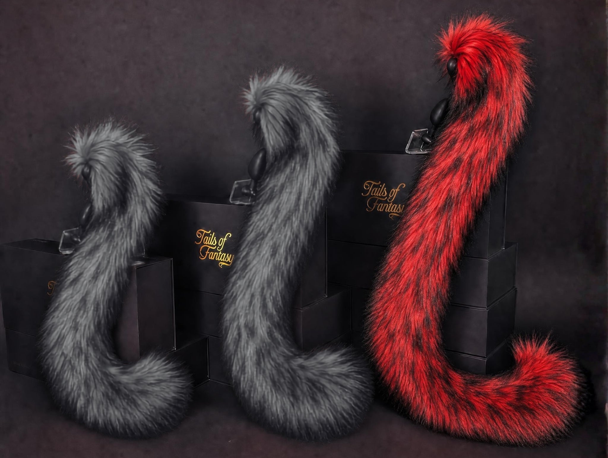 Tails of Fantasy Magma Kitty Tail body-safe silicone butt plug featuring a unique upright support design - (large plug) studio display of the Magma Kitty Tail.