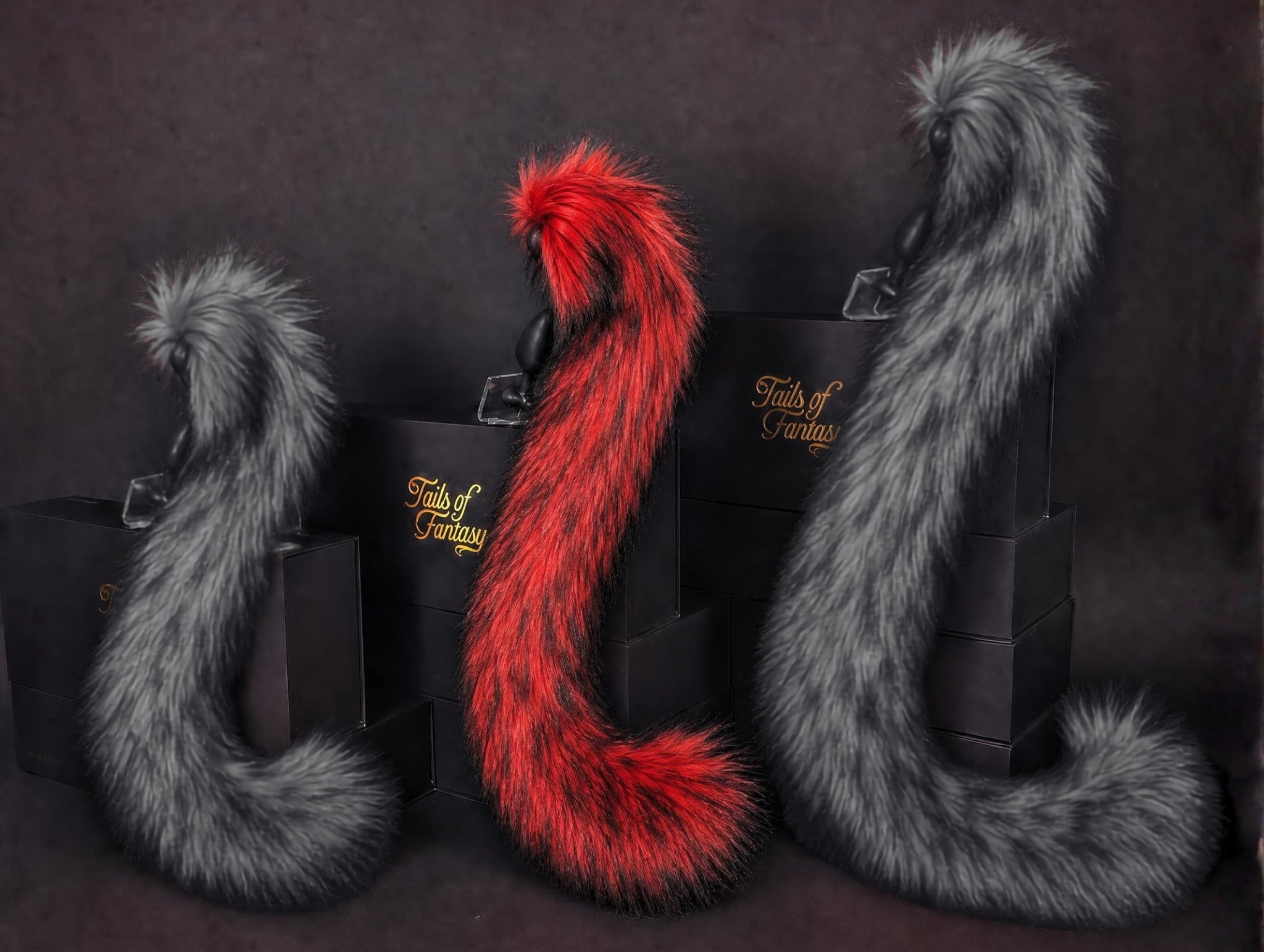 Tails of Fantasy Magma Kitty Tail body-safe silicone butt plug featuring a unique upright support design - (medium plug) studio display of the Magma Kitty Tail.