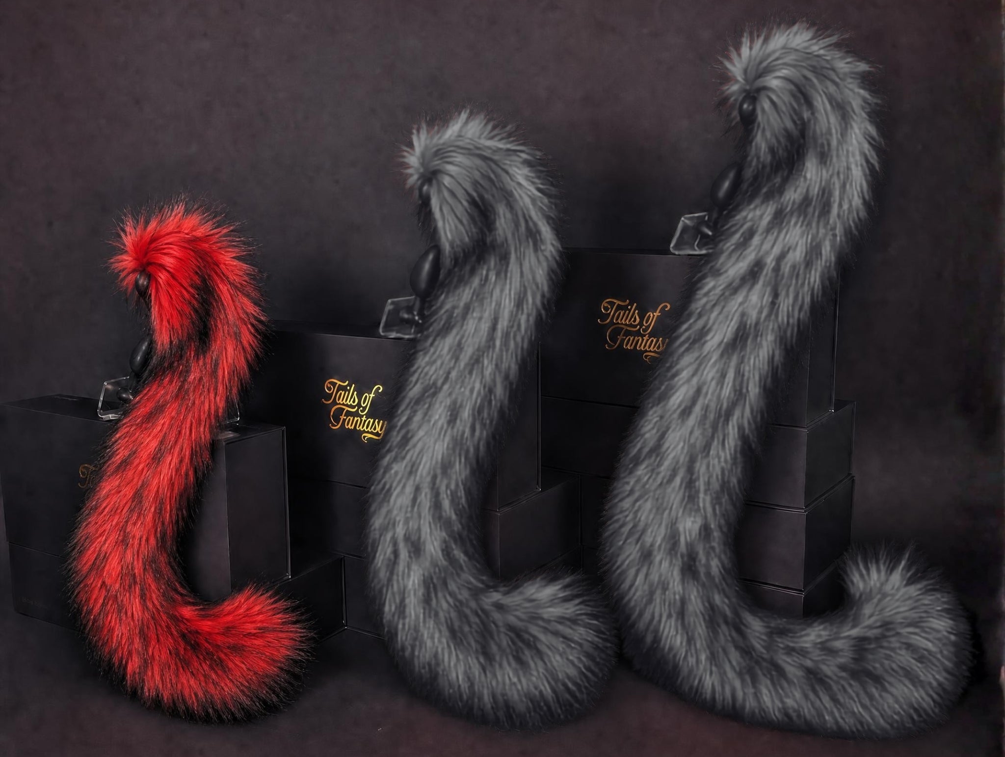 Tails of Fantasy Magma Kitty Tail body-safe silicone butt plug featuring a unique upright support design - (small plug) studio display of the Magma Kitty Tail.