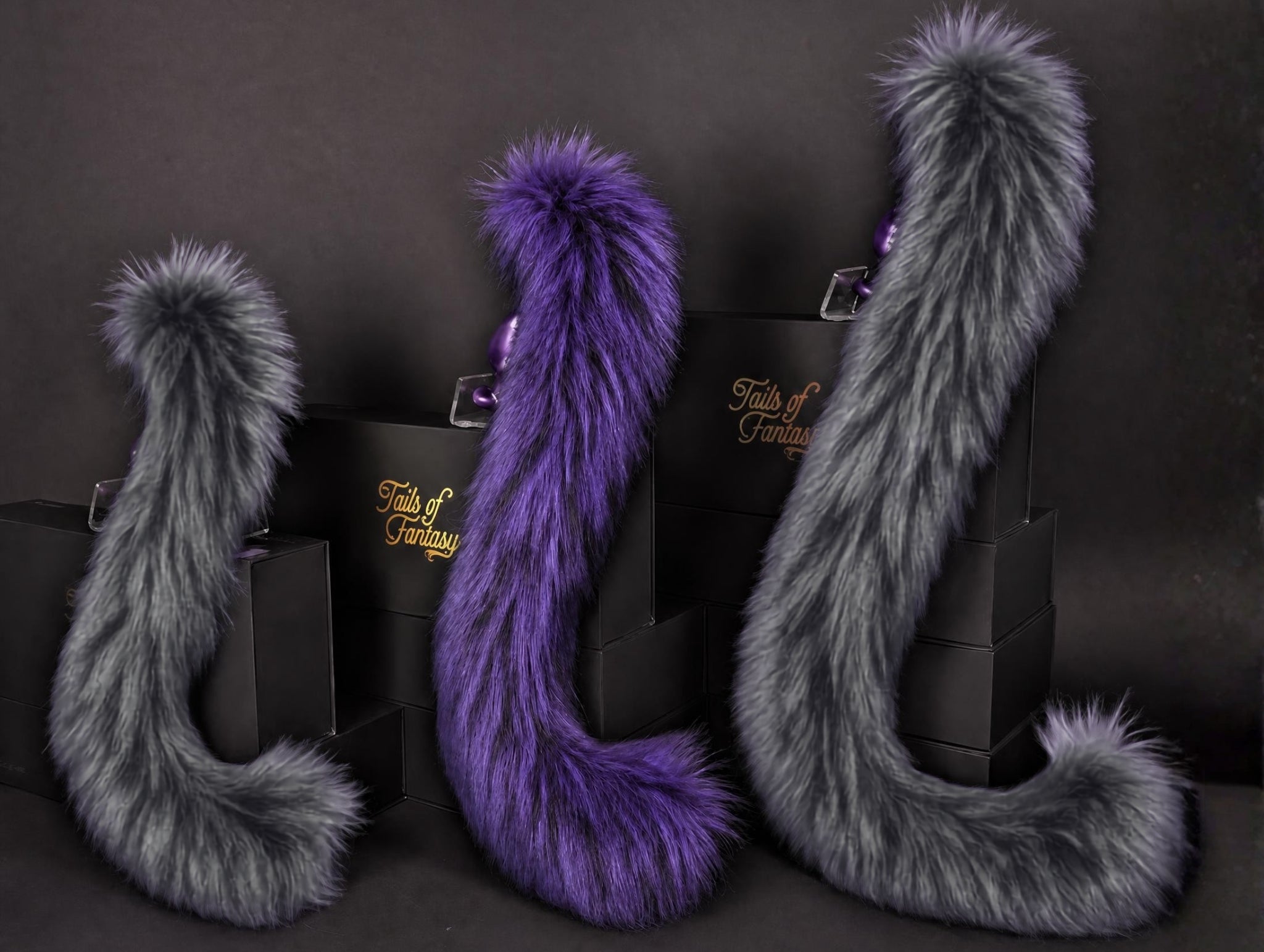 Tails of Fantasy Twilight Cat Tail body-safe silicone butt plug featuring a unique upright support design - (medium plug) studio display of the Twilight Cat Tail.
