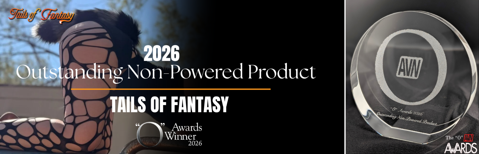 Award for 'Tails of Fantasy' as Outstanding Non Powered Product in 2026, featuring the product and award on a black background.