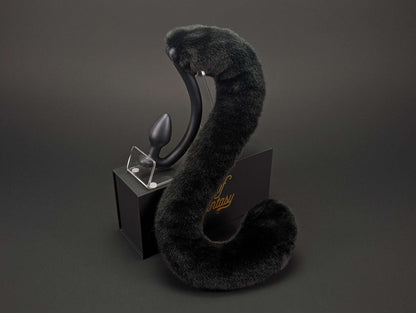 black-cat-tail-short-hair cat tail butt plug in black with realistic faux fur tail and raised tail design