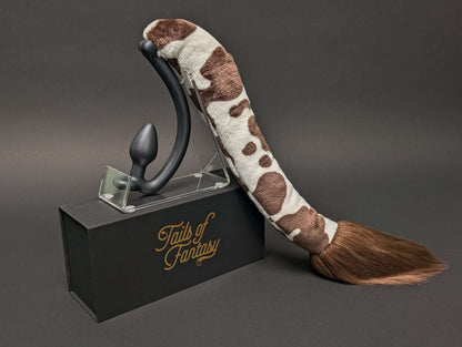brown-cow-tail cow tail butt plug with realistic faux fur tail and raised tail design