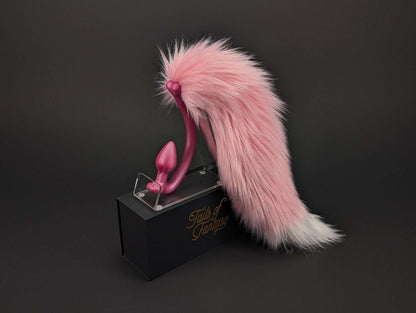 pink-lemonade-fox-tail fox tail butt plug in pink with realistic faux fur tail and raised tail design