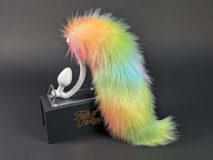 rainbow-wolf-tail wolf tail butt plug with realistic faux fur tail and raised tail design