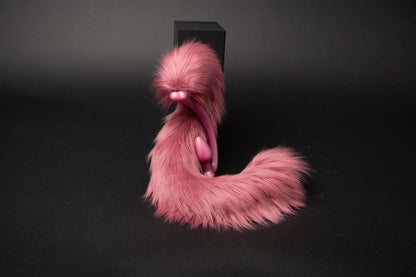 rose-pink-cat-tail-long-hair cat tail butt plug in red and pink with realistic faux fur tail and raised tail design