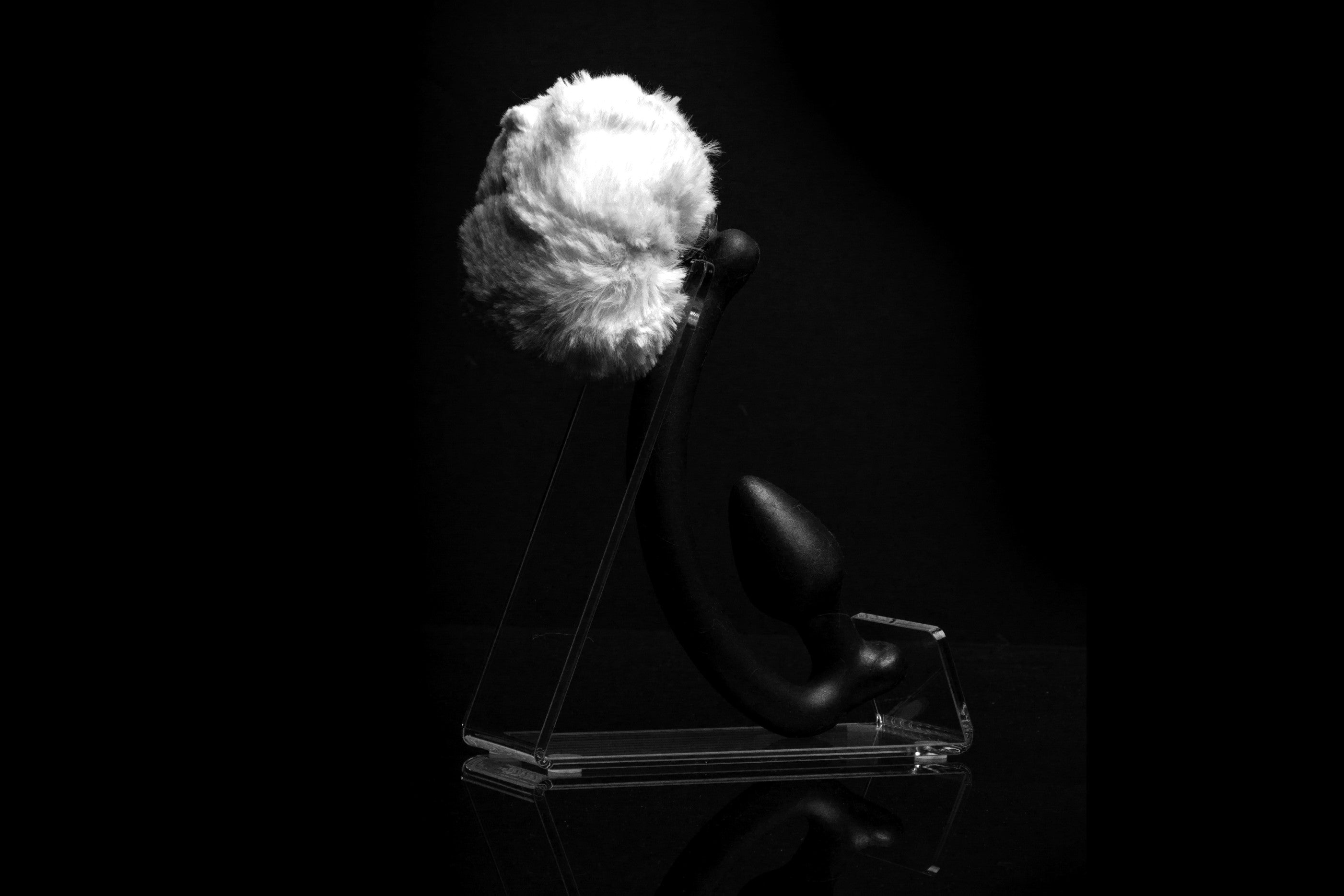 White Rabbit tail butt plug made of silicone and white faux fur, but the plug is hooked so when worn, the tail sits at the bottom of the lumbar area. It’s laying flat on a black background.::Black