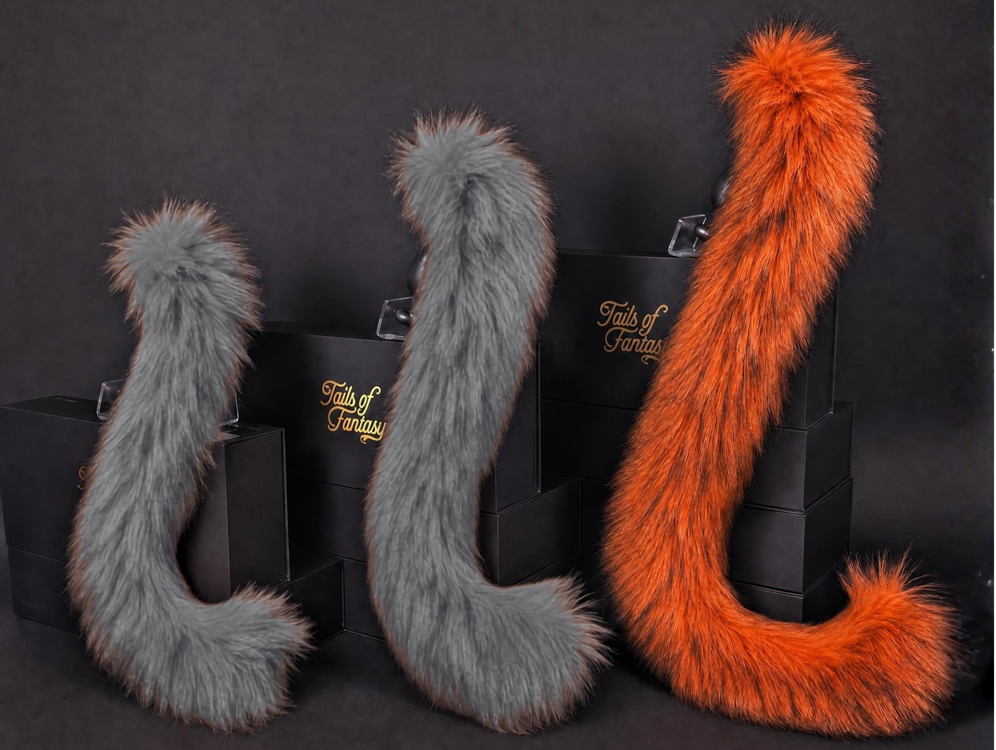 Tails of Fantasy Ember Cat Tail body-safe silicone butt plug featuring a unique upright support design - (large plug) studio display of the Ember Cat Tail.
