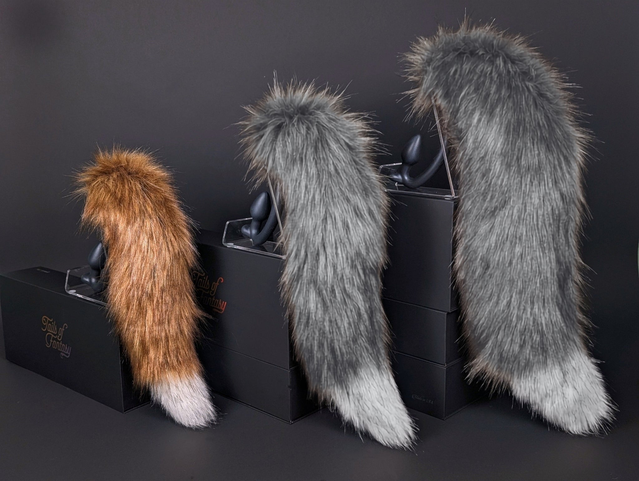 Tails of Fantasy Toxic Fox Tail body-safe silicone butt plug featuring a unique upright support design - (small plug) studio display of the Toxic Fox Tail.