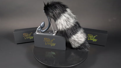 gray-raccoon-tail raccoon tail butt plug with realistic faux fur tail and raised tail design