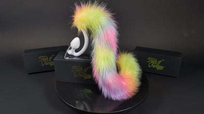 rainbow-cat-tail cat tail butt plug with realistic faux fur tail and raised tail design