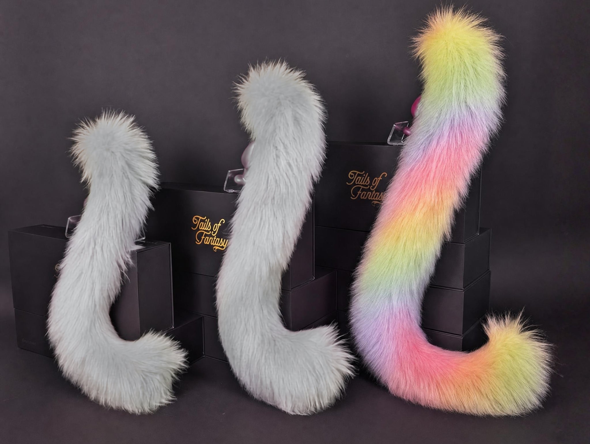 Tails of Fantasy Rainbow Cat Tail body-safe silicone butt plug featuring a unique upright support design - (large plug) studio display of the Rainbow Cat Tail.