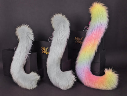 Tails of Fantasy Rainbow Cat Tail body-safe silicone butt plug featuring a unique upright support design - (large plug) studio display of the Rainbow Cat Tail.