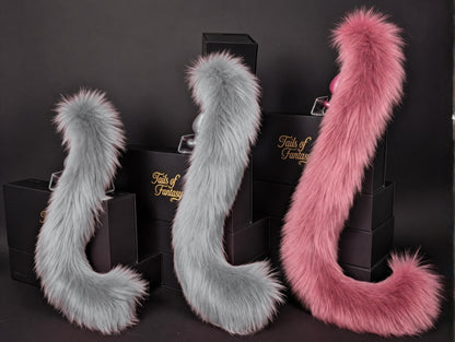 Tails of Fantasy Rose Pink Cat Tail - Long Hair body-safe silicone butt plug featuring a unique upright support design - (large plug) studio display of the Rose Pink Cat Tail - Long Hair.