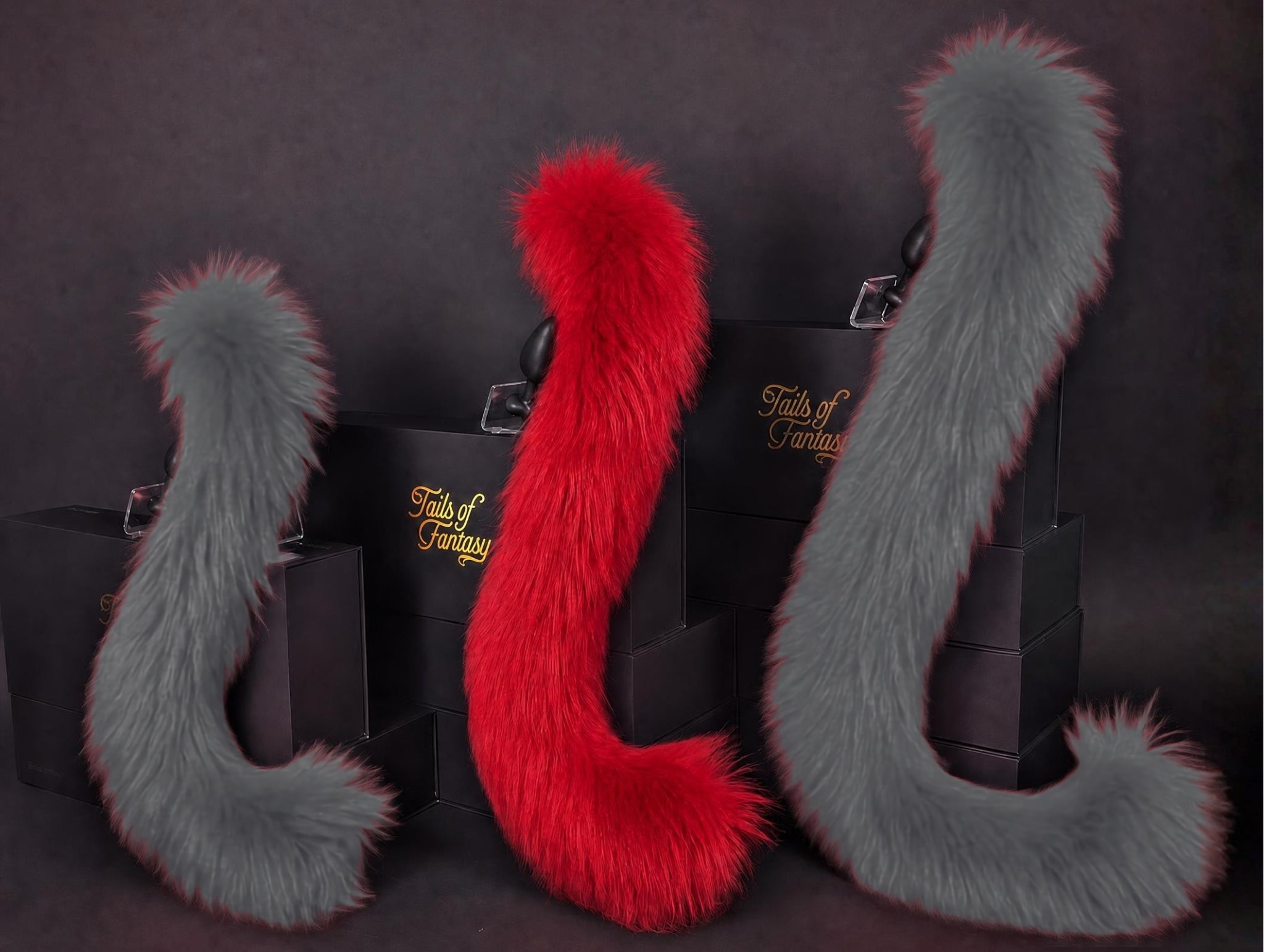 Tails of Fantasy Scarlet Cat Tail - Long Hair body-safe silicone butt plug featuring a unique upright support design - (medium plug) studio display of the Scarlet Cat Tail - Long Hair.