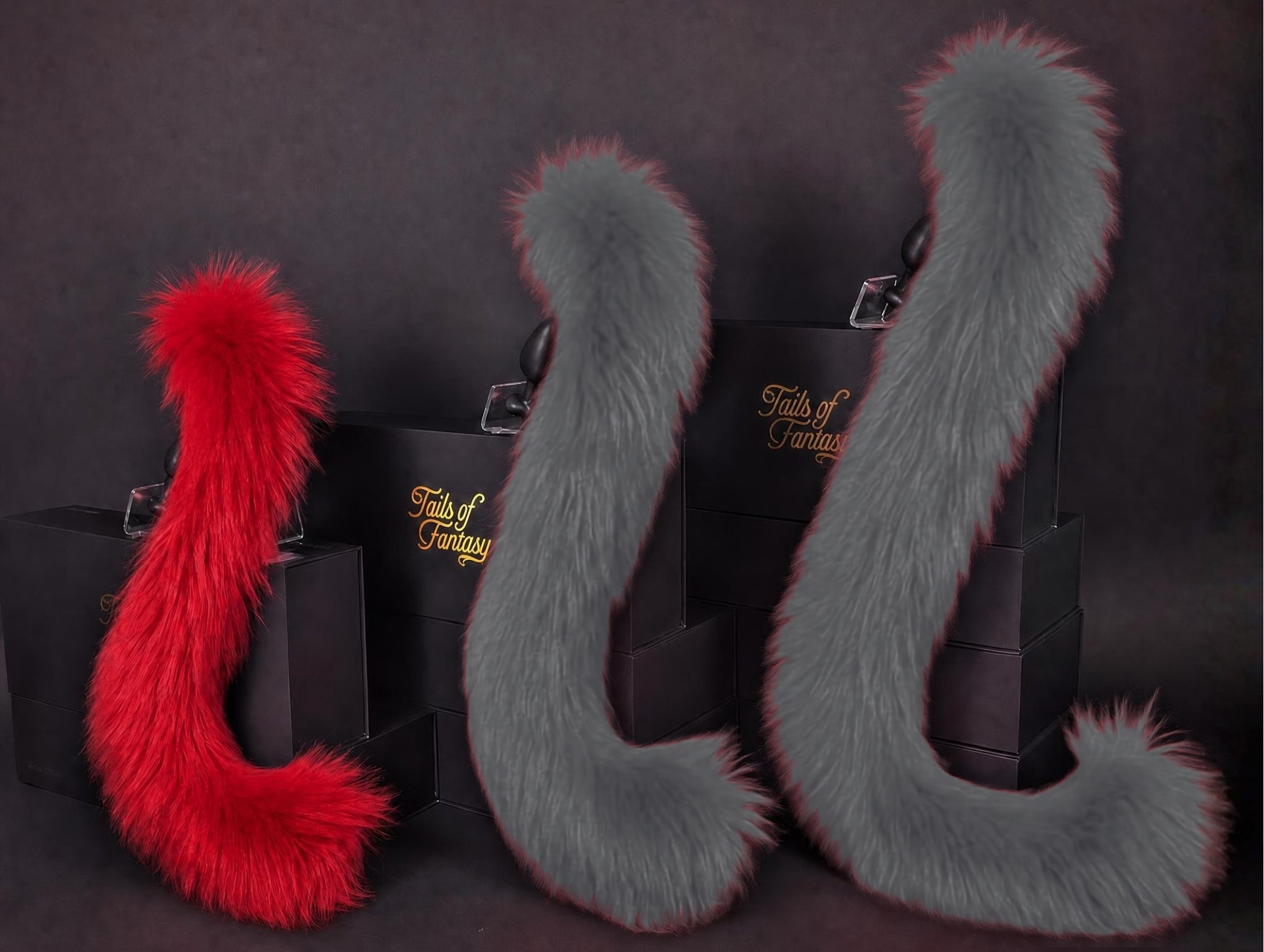 Tails of Fantasy Scarlet Cat Tail - Long Hair body-safe silicone butt plug featuring a unique upright support design - (small plug) studio display of the Scarlet Cat Tail - Long Hair.