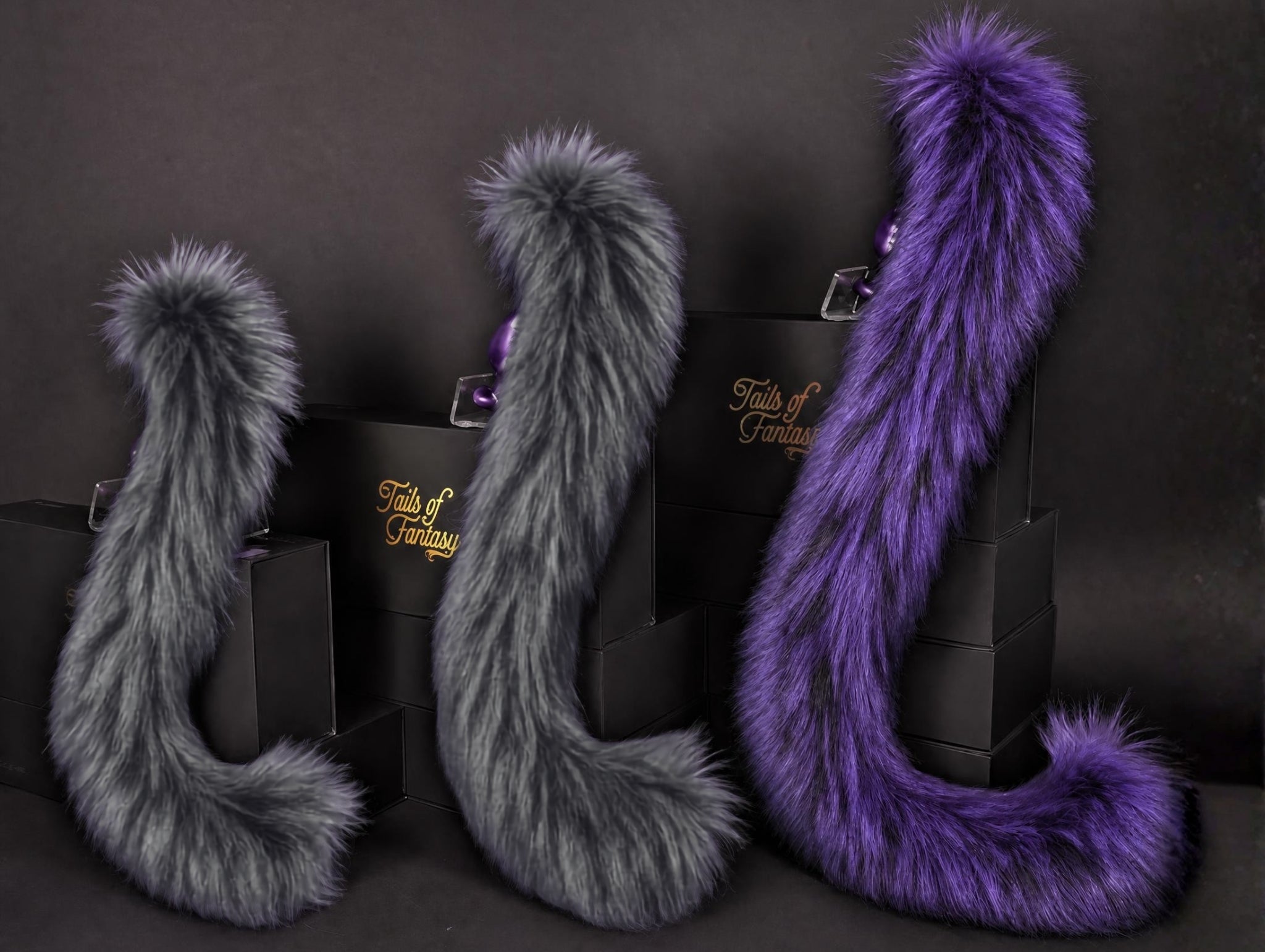 Tails of Fantasy Twilight Cat Tail body-safe silicone butt plug featuring a unique upright support design - (large plug) studio display of the Twilight Cat Tail.