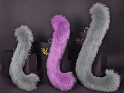 Tails of Fantasy Violet Cat Tail - Long Hair body-safe silicone butt plug featuring a unique upright support design - (medium plug) studio display of the Violet Cat Tail - Long Hair.