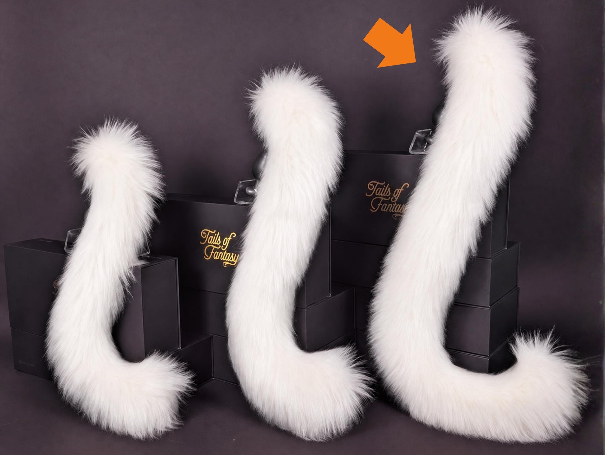 Tails of Fantasy White Cat Tail - Long Hair body-safe silicone butt plug featuring a unique upright support design - (large plug) studio display of the White Cat Tail - Long Hair.