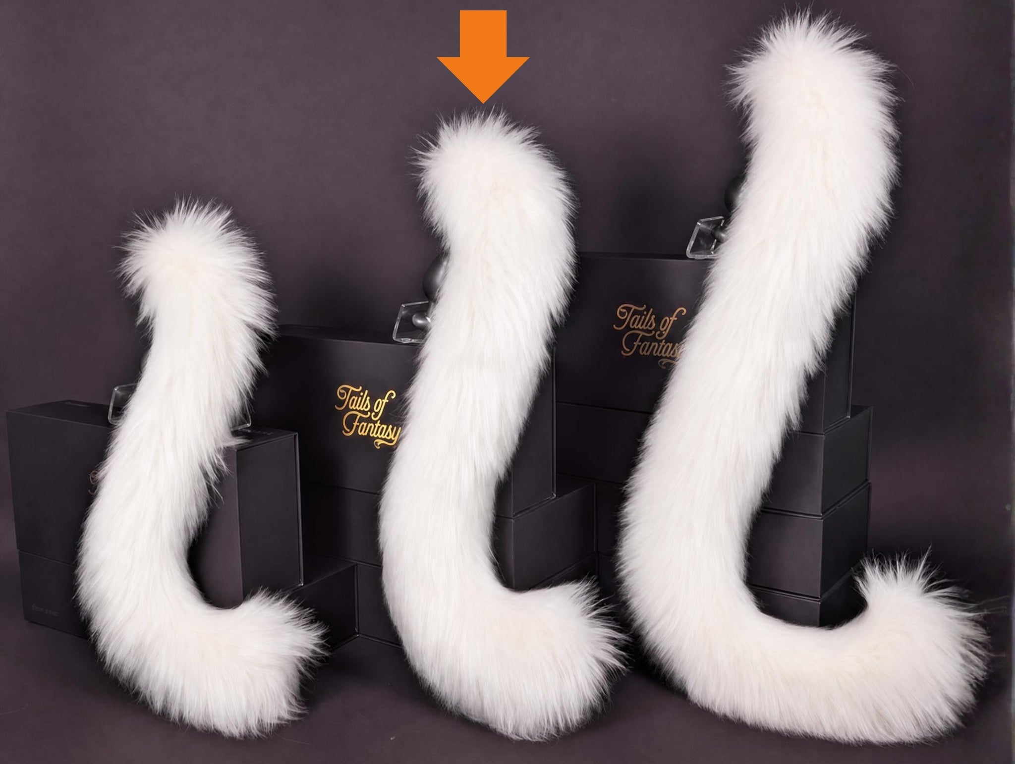 Tails of Fantasy White Cat Tail - Long Hair body-safe silicone butt plug featuring a unique upright support design - (medium plug) studio display of the White Cat Tail - Long Hair.