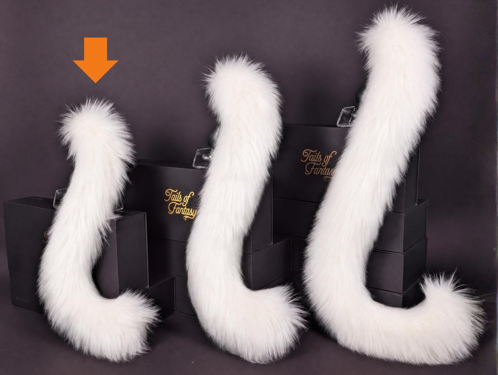 Tails of Fantasy White Cat Tail - Long Hair body-safe silicone butt plug featuring a unique upright support design - (small plug) studio display of the White Cat Tail - Long Hair.